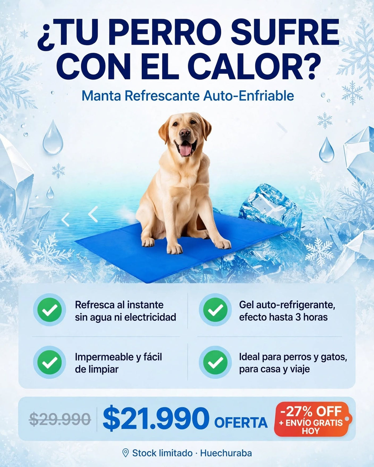 Manta Fría para Perros y Gatos - Gel Auto-Enfriable